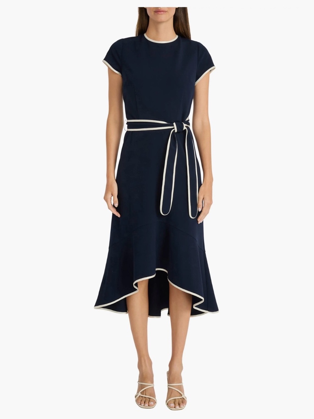 NWT Maggy London Navy Contrast-Trim Midi Dress Belted Size 6